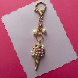 Ice Cream Cone Purse Charm Keychain Accessory with Pearls and Rhinestones